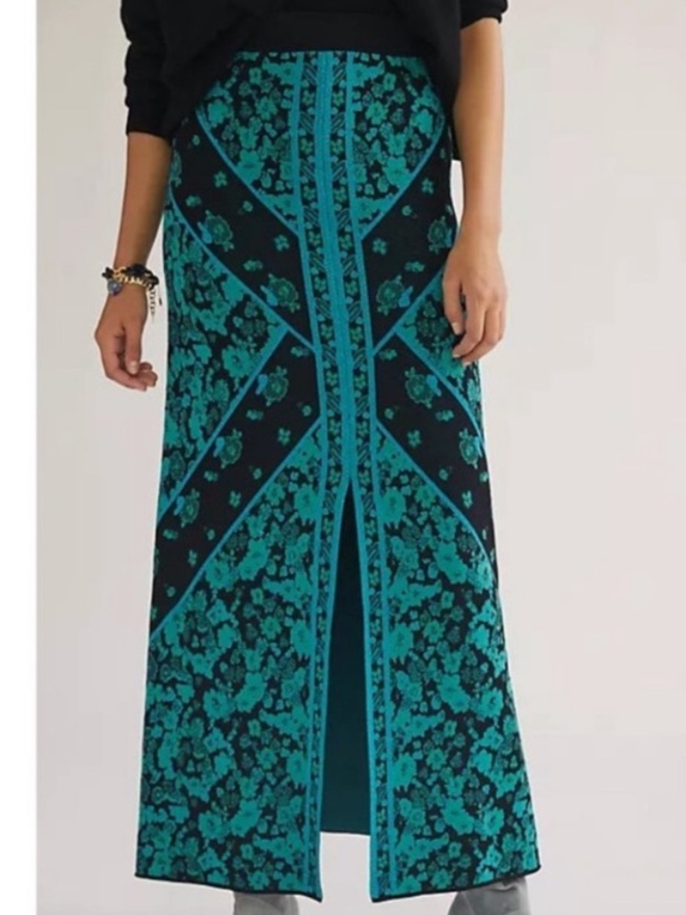 Eva Franco Teal and Black Floral Maxi Skirt
